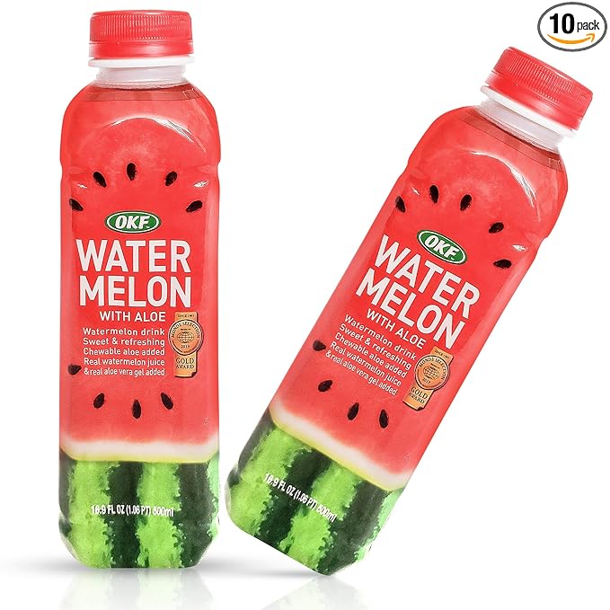 OKF Watermelon with Aloe Vera Drink Sweet and Refreshing W/Chewable Aloe added. Real Watermelon Juice and Real Aloe Vera Gel Added 16.9 Fluid Ounce (Pack OF 10)