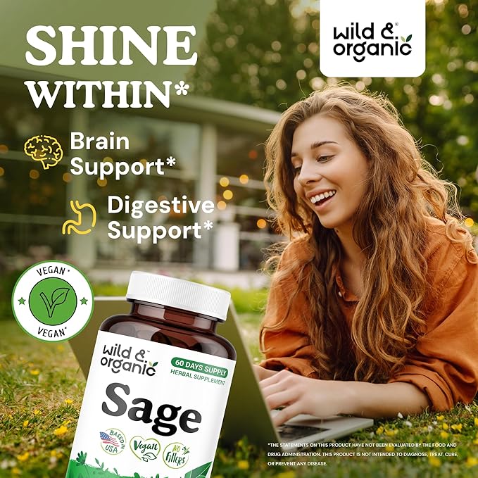 Wild &amp Organic Sage Capsules 1000 mg - Brain Digestive &amp Immune Support - Sage Leaves Extract Supplement - 60 Days of Supply - 120 Herb Capsules - Vegan Non-GMO Gluten-Free No Fillers