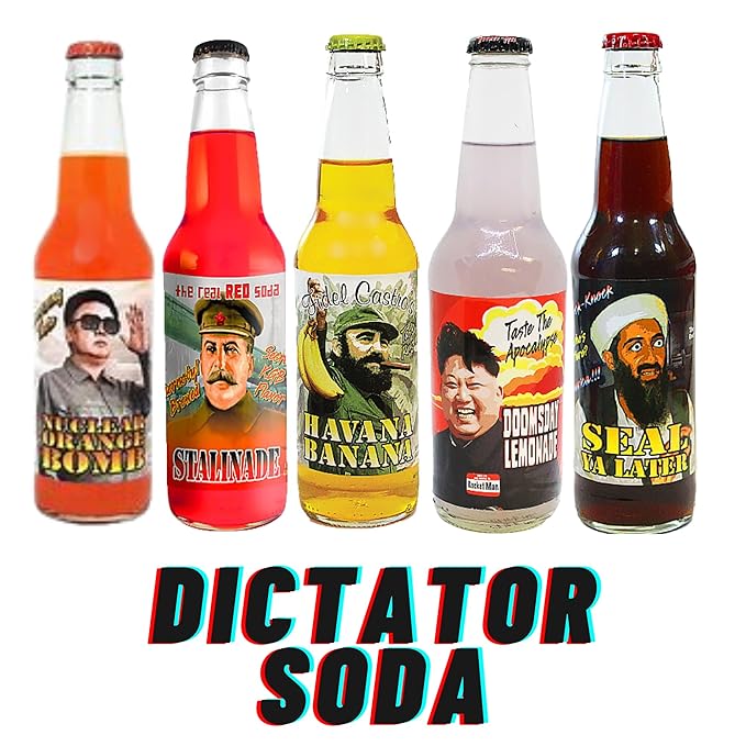 Dictator Soda Pack | 5 Hilarious Novelty Sodas | 12 oz Glass Bottles with Cane Sugar | Includes Crazy Soda Pop Bottle Opener