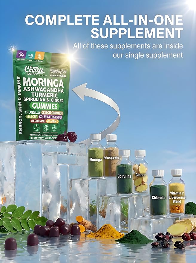 Clean Nutra Moringa Gummies | Pure Moringa Powder Supplement + Ashwagandha Turmeric Spirulina &amp Ginger Energy Skin Immune &amp Gut Health Green Superfood - Moringa Capsules Alternative