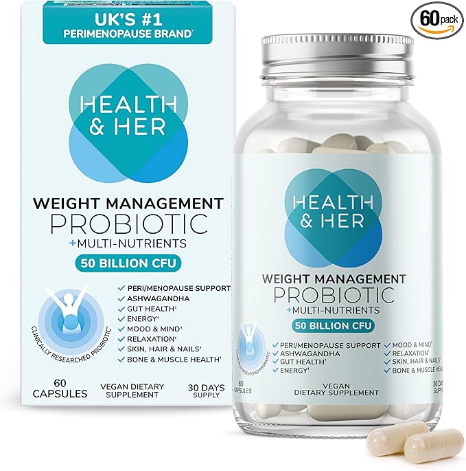 Health &amp Her Weight Management Probiotics for Women - Perimenopause &amp Menopause Supplement - Clinically Studied 50bn CFU Probiotics to Support Gut Health Energy Mood &amp Mind Vegan (60 ct