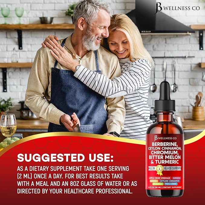 Berberine with Ceylon Cinnamon Supplement Liquid Drops + Bitter Melon Extract Glucomannan Gymnema Chromium Turmeric Panax Ginseng Moringa- 6 OZ