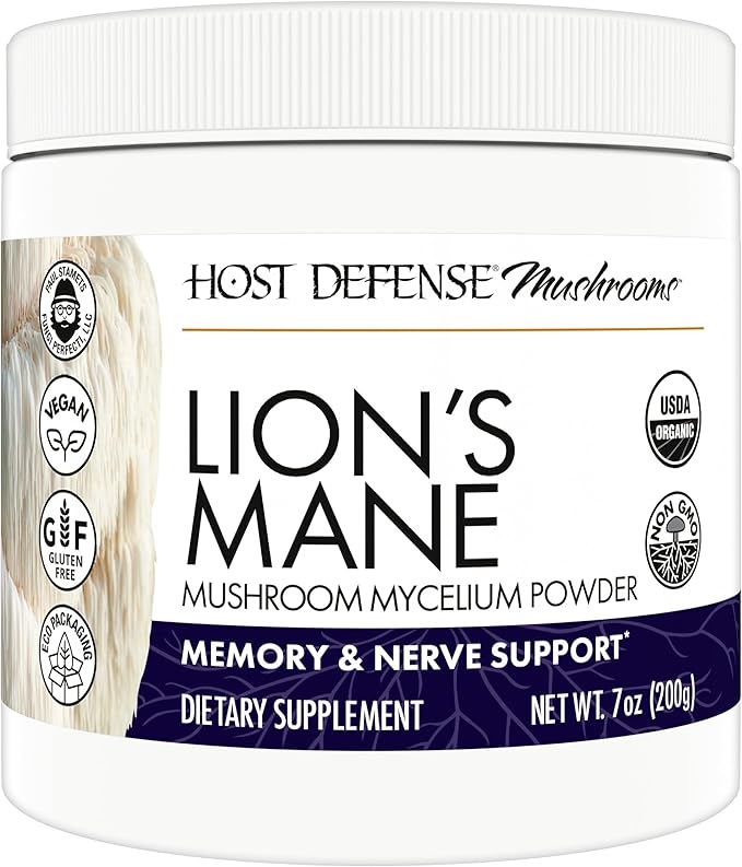 Host Defense Lion's Mane Powder - Brain Health Support Supplement - Mushroom Supplement to Support Focus &amp Memory Function - Immune &amp Nervous System Support Supplement - 7 oz (133 Servings)*