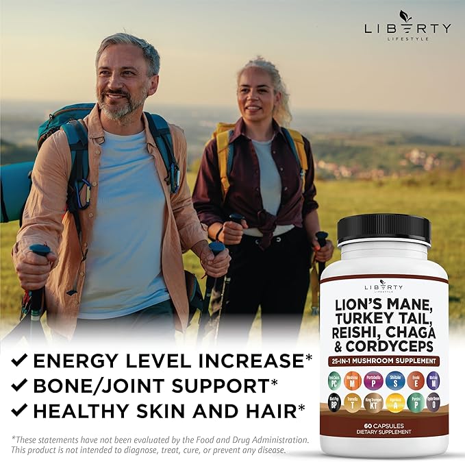 Lions Mane Mushroom Supplement with Turkey Tail Reishi Cordyceps Chaga with Marshmallow Root - 2-Pack