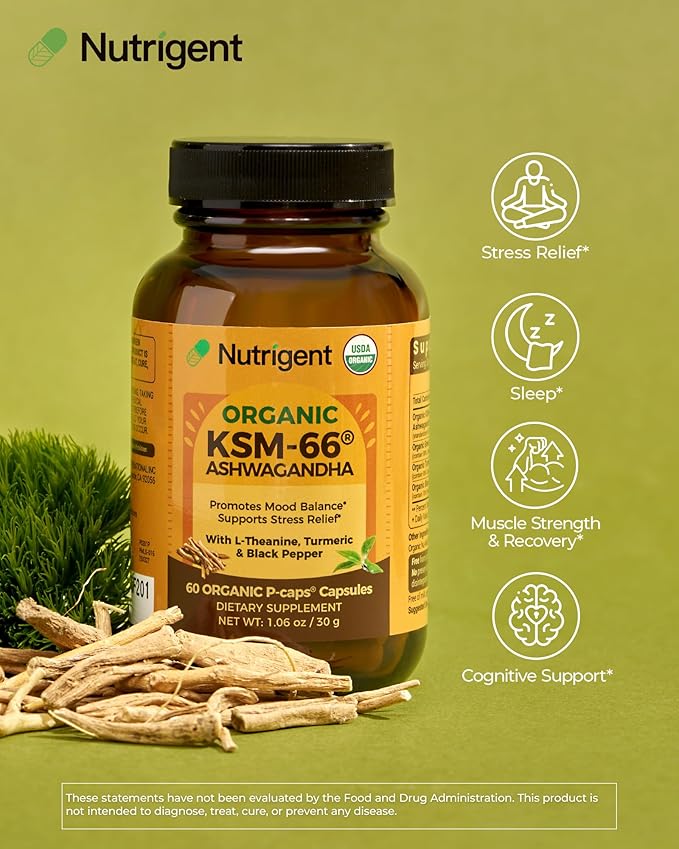 USDA Organic KSM-66 Ashwagandha 600mg with Organic L-Theanine Turmeric &amp Black Pepper Supports Calm Focus Relaxation &amp Overall Well-Being 60 Capsules