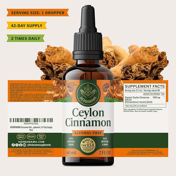 HERBAMAMA Ceylon Cinnamon Extract Liquid - Cinnamon Drops for Overall Support - Non-GMO Alcohol &amp Sugar-Free Antioxidant Tincture 42-Day Supply
