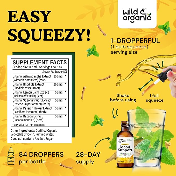 Wild &amp Organic Mood Support Drops - Good Mood Supplements w/Ashwagandha Root &amp Rhodiola Rosea - Natural Liquid Drops for Positive Energy - Calm and Relax Supplements for Women and Men - 2 oz