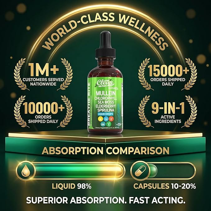 Clean Nutra Mullein Drops for Lungs Organic Chlorophyll Liquid Irish Sea Moss Spirulina Licorice Tart Cherry Lobelia Motherwort &amp Elderberry Mullein Leaf Extract Tincture Men Women Supplement