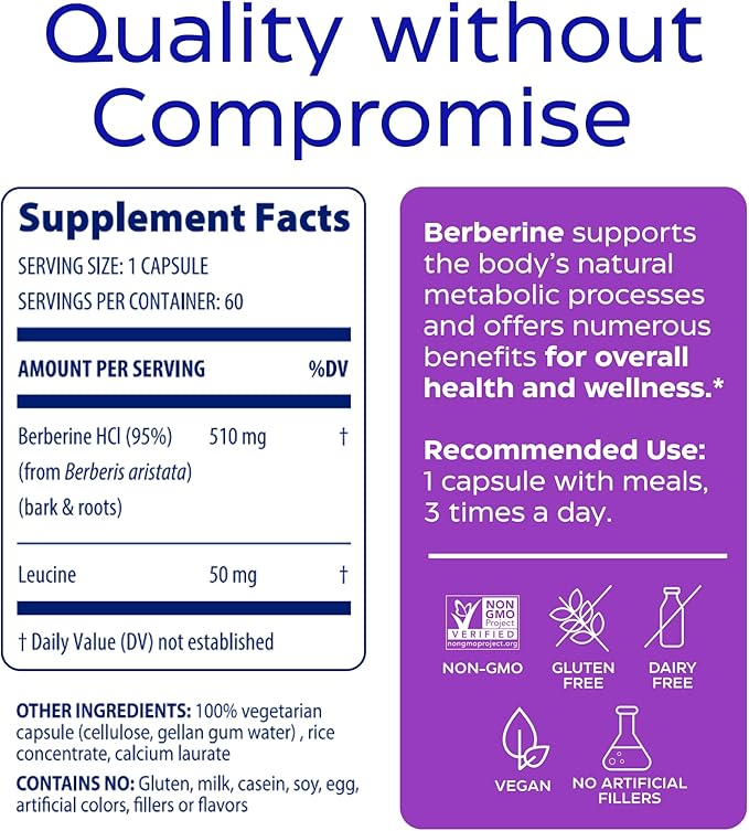 Enzymedica Berberine Supplement HCl 510mg Berberine for Overall Health and Wellness Vegan 60 Capsules