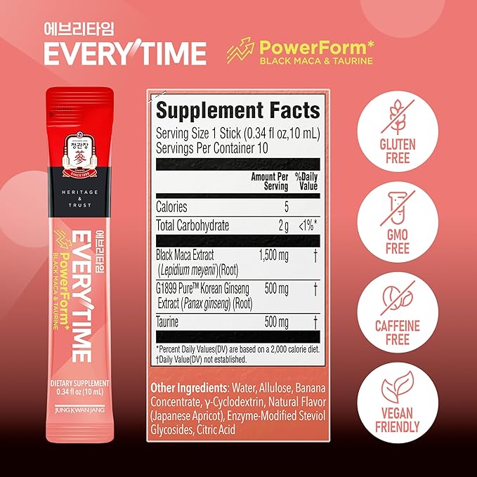 JUNG KWAN JANG US Everytime PowerForm - Intra Workout Herbal Energy Drink Packets with Korean Red Ginseng Black Maca Root &amp Taurine - Non GMO (0.33 fl oz 10 Sticks)