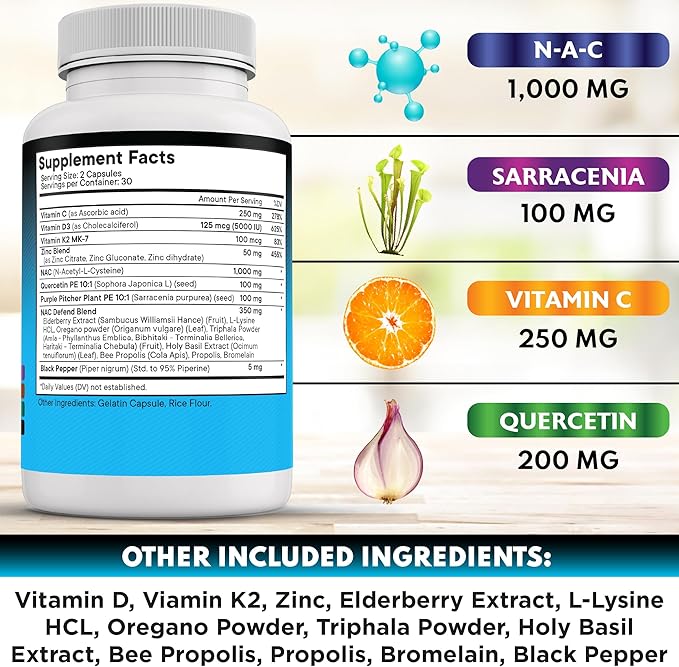 NEW AGE NAC Supplement N-Acetyl Cysteine- with Vitamin D3 K2 Zinc Quercetin Triphala Sarracenia Purpurea Elderberry Holy Basil Bee Propolis Bromelain L-Lysine - 120 Count