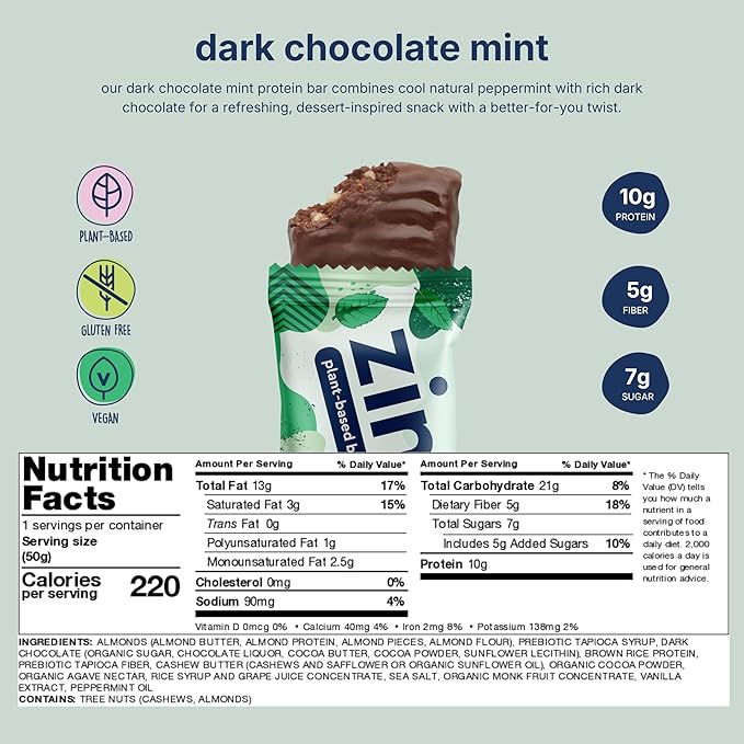 Zing Dark Chocolate Mint Vegan Protein Bars Gluten Free with High Protein High Fiber Dairy Free Nutrition Bars Plant Based Protein Kosher Low Sugar No Sugar Alcohols - 12 count