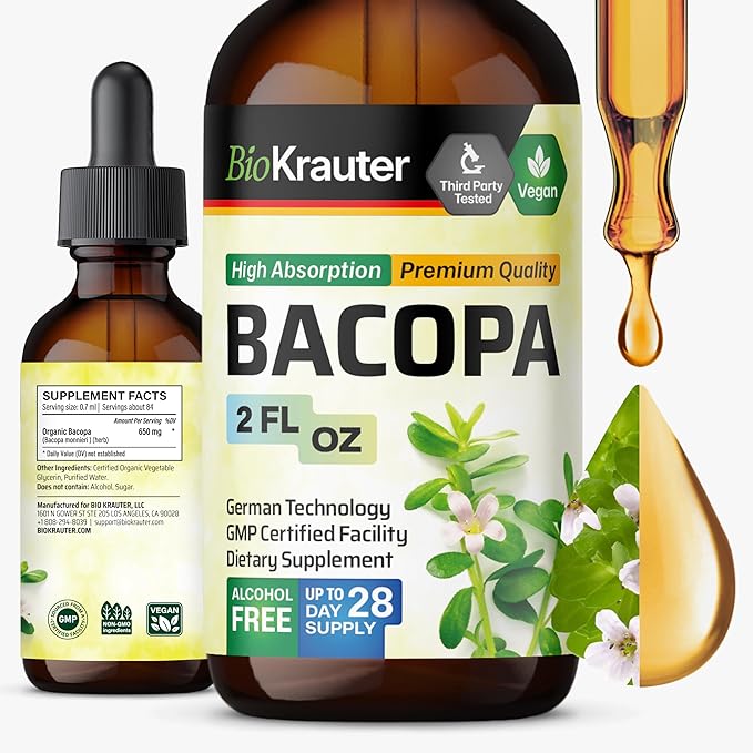 BIO KRAUTER® Bacopa Monnieri - Liquid Drops Bacopa Extract (Brahmi Powder) 650 mg per Serving 2 Fl.Oz 28-Day Supply - Pure Vegan Brain Supplement Supports Calm Focus &amp Memory - Alcohol &amp Sug