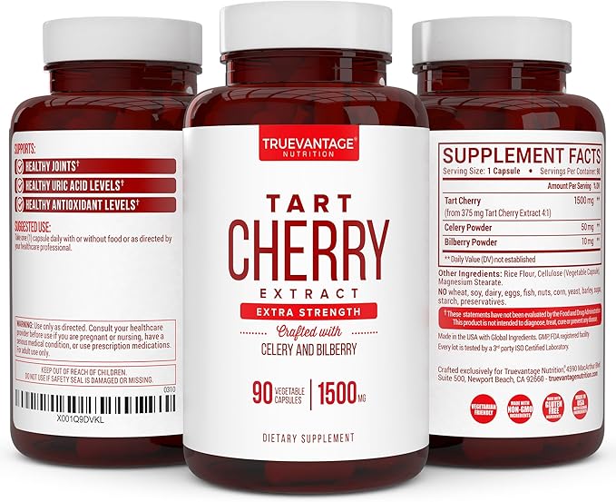Tart Cherry Extract Capsules with Celery Seed Extract and Bilberry for Joint Support Muscle Recovery and Uric Acid Flush Support Made in The USA - 90 Tart Cherry Capsules
