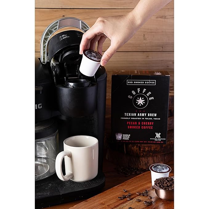 Whiskey Morning Coffee Texian Army Brew Double Smoked Dark Roast Coffee Pods Small Batch Fire Roasted with Pecan Wood &amp Cold Smoked with Cherry Wood 24 Count Bold &amp Strong Single Serve Pods