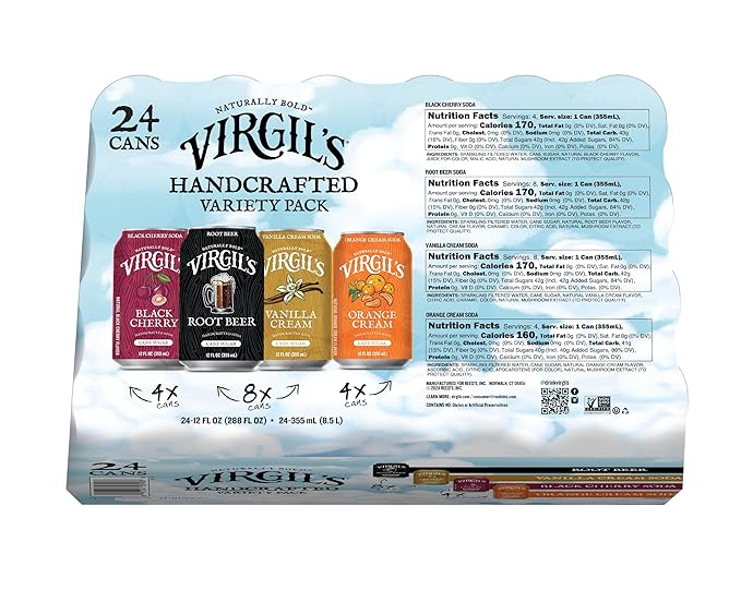 Virgil's Handcrafted Soda Variety Pack - Black Cherry Root Beer Vanilla Cream Orange Cream - 12oz Cans 24 Pack