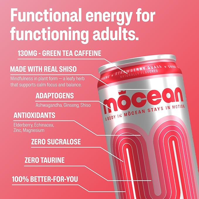 MŌCEAN Strawberry Guava Energy Drink 12 fl oz (Pack of 12) Clean Adult Energy Drink with 130mg Caffeine Adaptogens &amp Minerals No Taurine No Sucralose No Candy Flavors