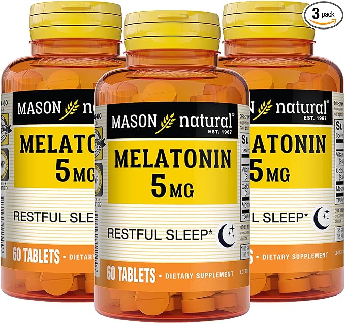 MASON NATURAL Melatonin 5 mg with B6 and Calcium - Natural Sleep Aid Supports Healthy Sleep &amp Rest 60 Tablets (Pack of 3)