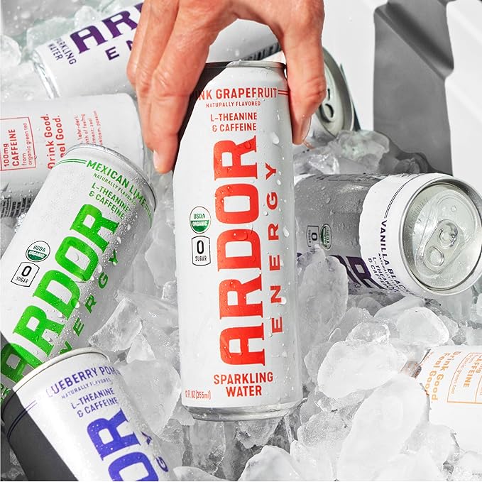 ARDOR ENERGY Sparkling Water with 100mg Natural Caffeine &amp 200mg L-Theanine from Organic Green Tea for Smooth Energy &amp Focus | Healthy Energy Drink | No Sugar Zero Calories Vegan Gluten-Fre