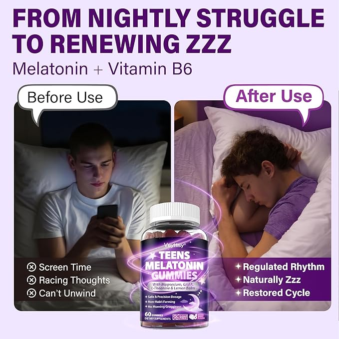 Teens Melatonin Gummies Supplement - 1.5mg Precise Dose with Magnesium GABA L-Theanine &amp Lemon Balm - Natural Zzz Support for Late-Night Study &amp Big Test Nights - Non-Habit Forming Sugar-Fr