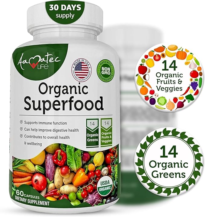 Organic Superfood Greens Fruits and Veggies Complex - Best Dietary Supplement with 14 Greens &amp14 Fruits &amp Vegetables with Alfalfa Rich in Antioxidants Organic Ingredients Non-GMO (180 Count Pa