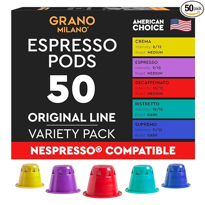 Grano Milano Variety Pack with Decaf - 50 Espresso Pods Compatible with Nespresso Original line - Medium &amp Dark Roast Coffee Capsules Made in Italy Espresso Coffee