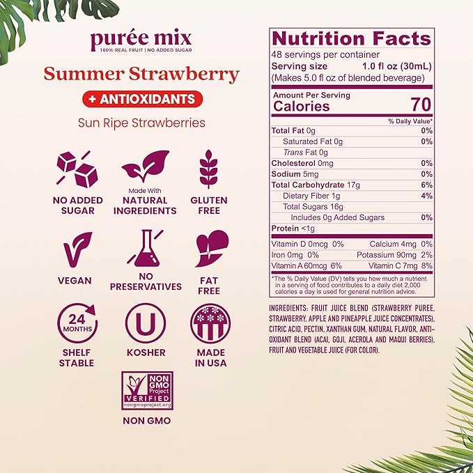 Smartfruit Summer Strawberry + Antioxidants – 100% Real Fruit Purée with Strawberries Apple &amp Pineapple – Great for Smoothies Juice Yogurt Cocktails Teas &amp More – 2-Pk 48oz Each