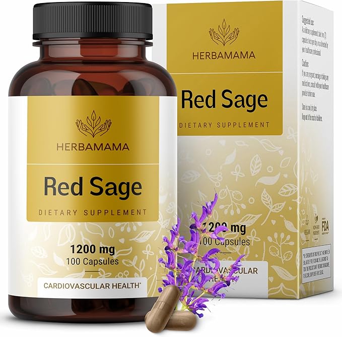 HERBAMAMA Red Sage Supplement Capsules - 1200mg Red Sage Root (Dan Shen) for Antioxidant Support - Vegan Non-GMO Salvia Miltiorrhiza Supplement