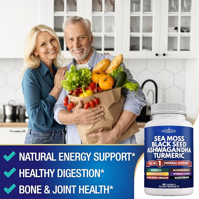 NEW AGE Silica Sea Moss Black Seed Oil Ashwagandha Turmeric Bladderwrack Burdock - with Manuka Honey Dandelion ACV Black Pepper Gluten Free