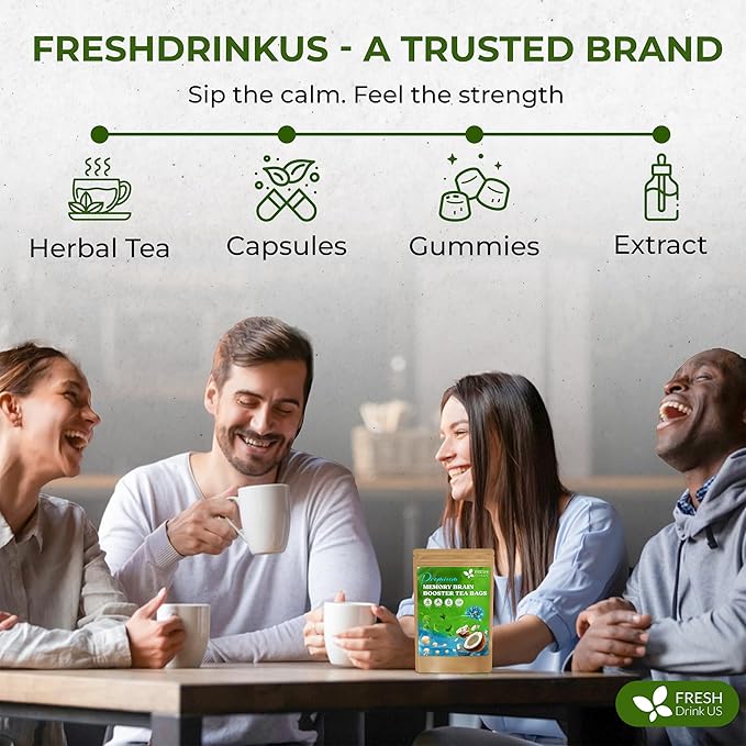 FreshDrinkUS Memory Brain Booster Tea Bags | 75 Count | Ginkgo Biloba Gotu Kola Lion’s Mane Mushroom MCT Coconut Oil | Herbal Blend Tea Bags | Naturally Flavorful No Additives Caffeine-Free