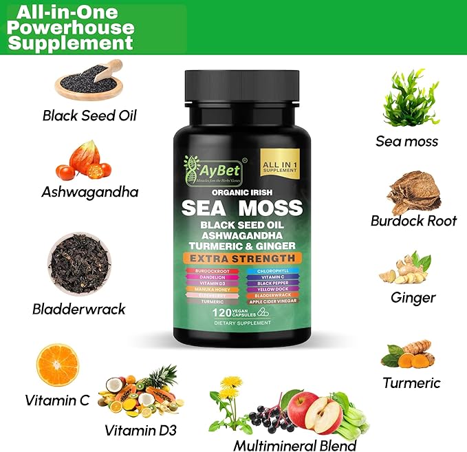 Organic Irish Sea Moss Capsules 120 Count –16 in 1 Sea Moss Supplement with Black Seed Oil Ashwagandha Turmeric &amp Ginger Bladderwrack &amp Burdock Root Vitamin D3 –Organic Vegan Halal Non-