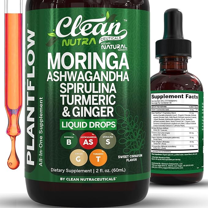 Clean Nutra Moringa Supplement Drops Ashwagandha Spirulina Chlorella Turmeric &amp Ginger Liquid Barley Grass with Chlorophyll Blue Green Algae Vitamin C Antioxidant Holy Basil Ceylon Cinnamon PlantF