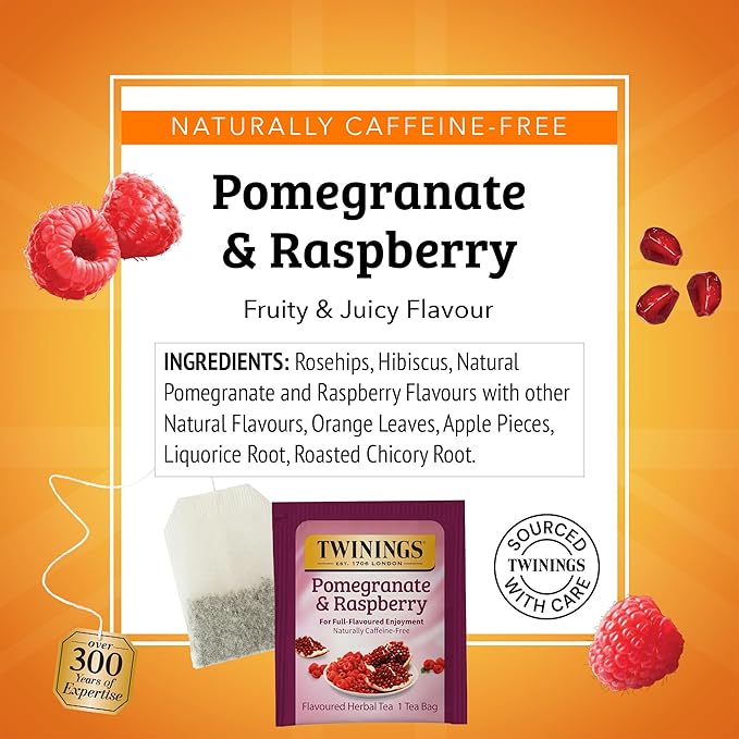 Twinings Pomegranate &amp Raspberry Herbal Tea Individually Wrapped Bags 20 Count (Pack of 6) Naturally Caffeine-Free Enjoy Hot or Iced 120 Teabags