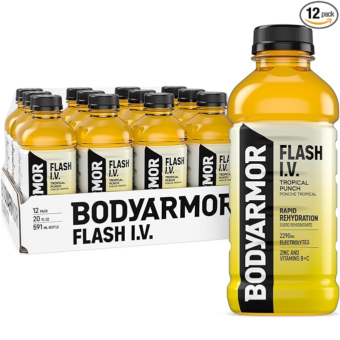 BODYARMOR Flash I.V. Electrolyte Beverage Tropical Punch Hydration Drink with Coconut Water For Rapid Rehydration Post Workout Recovery 20 Fl Oz (Pack of 12)