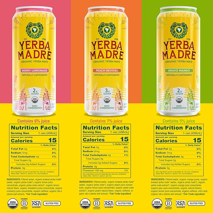 Yerba Madre Organic Yerba Mate Energy Drink Alternative Lower-Sugar Variety Pack 150mg Plant Based Caffeine Smooth Energy &amp Focus No Jitters or Crash 15.5oz Cans (Pack of 12)