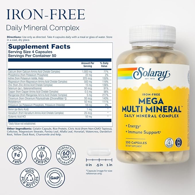 SOLARAY Mega Multi Mineral Iron Free - Daily Mineral Supplement w/Trace Minerals Electrolytes Calcium Magnesium Zinc Selenium Boron -Cellular Energy Immune Support 60-Day Guarantee 50 Serv