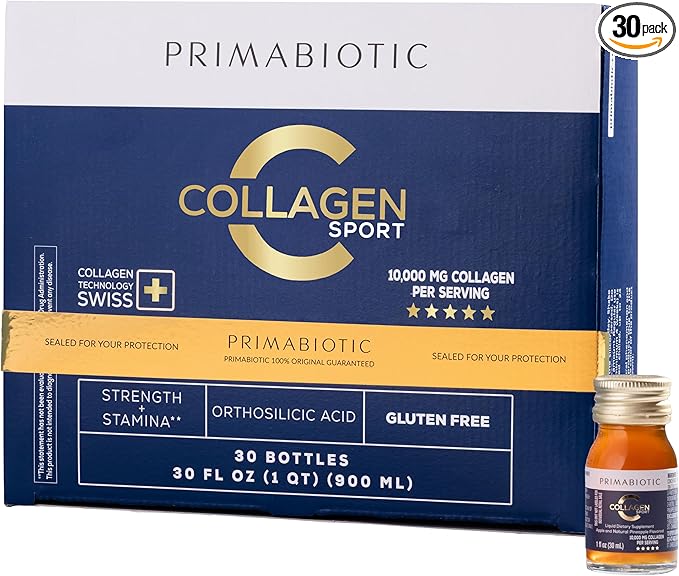 PRIMABIOTIC Liquid Collagen Sport- High Collagen Content [10000 Mg] Per Serving - Hydrolyzed Collagen Drink and 12 Vitamins Orthosilicic Acid | Helps Bone Health Hair Nails | (30 Bottles x 30 ML)