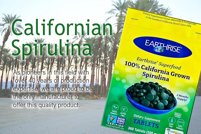 Earthrise Superfood 100% California Grown Spirulina 500mg Tablets (360 Count) Natural Premium Spirulina Vegan Gluten Free Keto Friendly Non -GMO High in Vitamins &amp Minerals