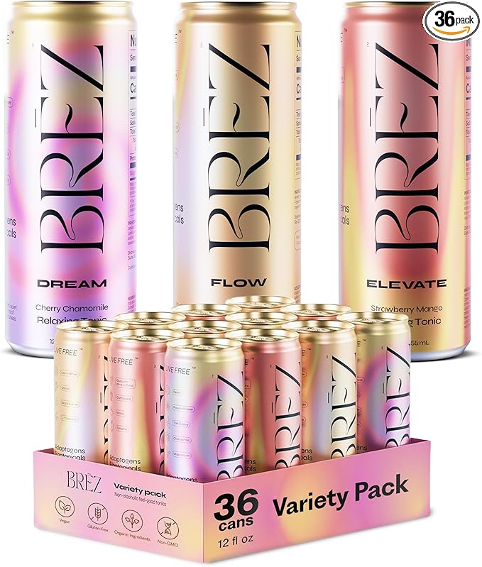 BRĒZ Mushroom Drink Variety Pack - Flow Dream &amp Elevate - Lion’s Mane Reishi Cordyceps Mushrooms Non-Infused Adaptogen Tonics for Focus Sleep Mood &amp Energy Vegan 12 fl oz Cans (36 Pac