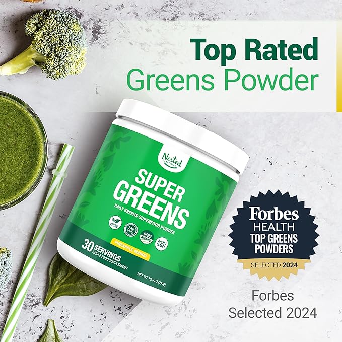 Nested Naturals Super Greens Daily Superfood Powder - Certified USDA Organic Green Powder w/Whole Foods Spirulina Wheat &amp Barley Grass - Probiotics Fiber &amp Enzymes - Pineapple Mango 30 Ser