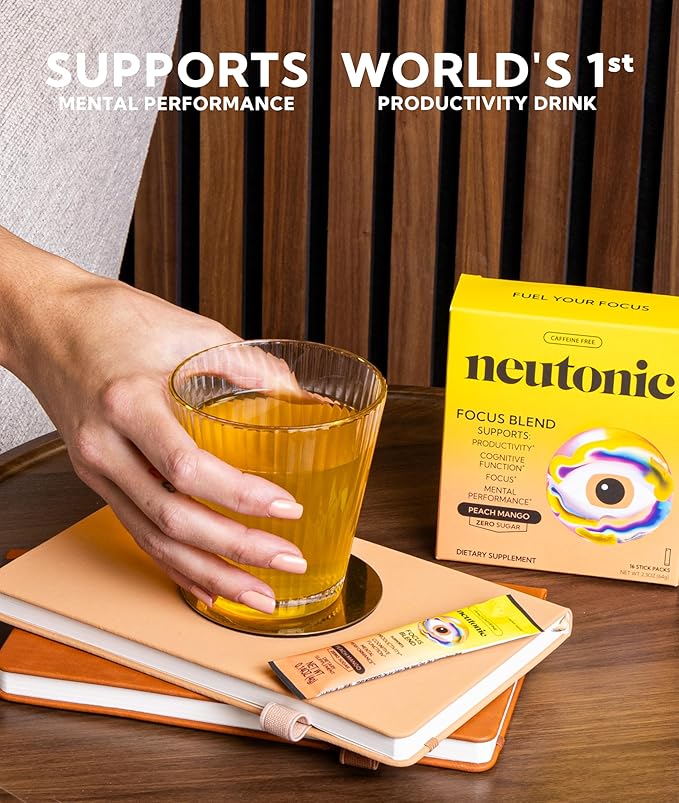 Neutonic Nootropic Focus Blend Powder | Peach Mango 16 Sticks | Caffeine Free Zero Sugar | Support Memory Mental Clarity Cognitive Function | Boost Focus Energy Brain Health