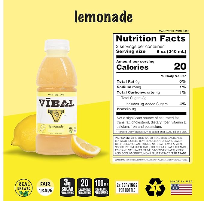 VIBAL ENERGY TEA Lemonade 16 Fl Oz 6-Pack Natural Energy High Caffeine Ginseng Theanine Low Sugar Low Carb Low Calorie Adaptogens Nootropics