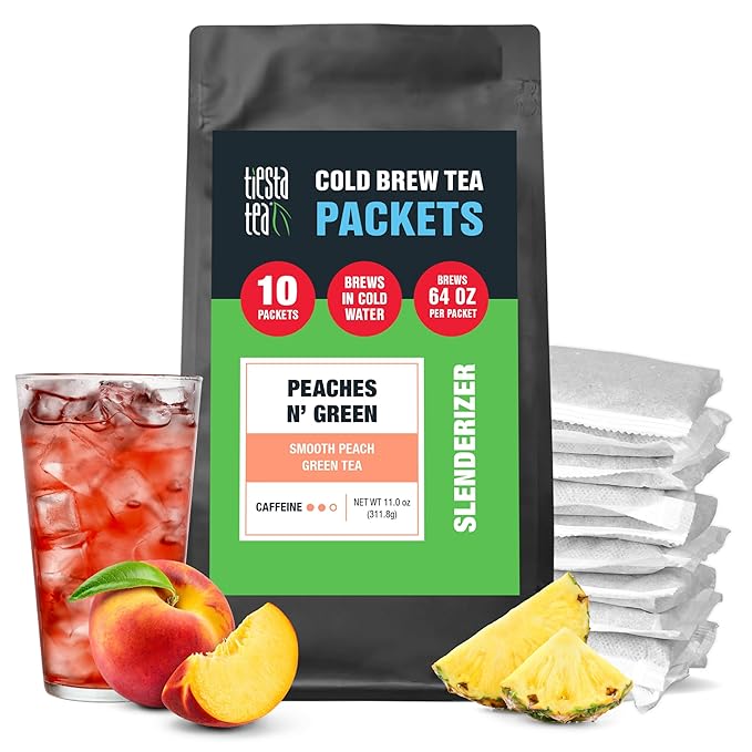 Tiesta Tea - Peaches N' Green Cold Brew Loose Leaf Smooth Peach Green Tea Premium Medium Caffeinated Iced Drink Cold Brew Packets Makes 64 oz of Pitcher Per Bag (Pack of 10)