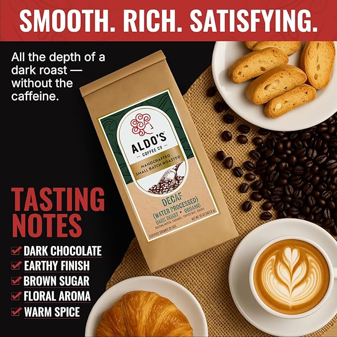Aldo’s Coffee Co. Organic Water Process Decaf Coffee Dark Roast 100% Arabica from East Timor 16 oz (Medium Fine Grind)