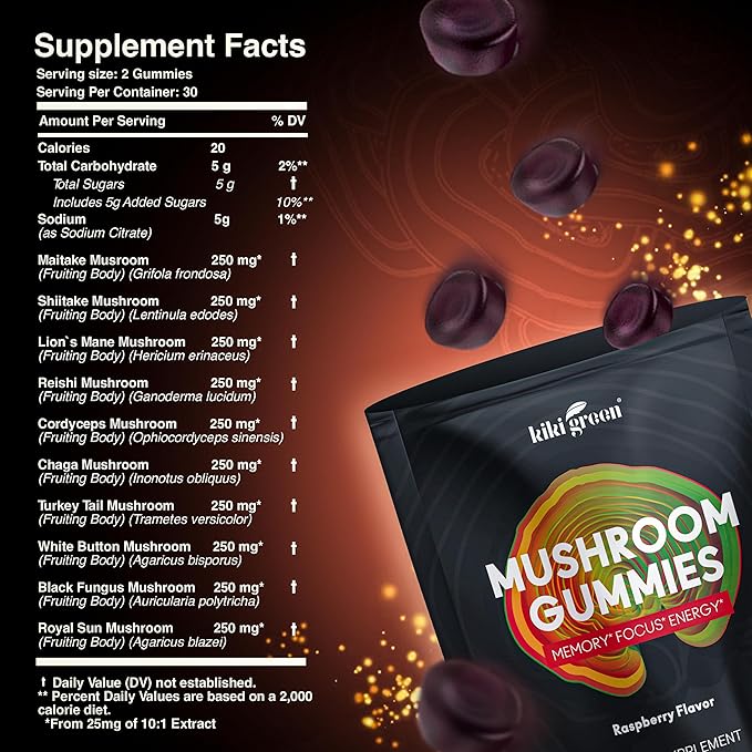 KIKI Green Mushroom Gummies with Lion's Mane and 9 Adaptogen Superfoods Blend - Chaga Red Reishi Cordyceps Shiitake Black Fungus | 60 Count 10:1 Extract