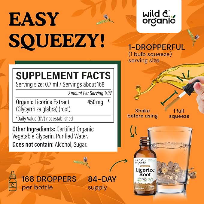 Wild &amp Organic Licorice Root Tincture - Digestive Lung &amp Skin Support - Licorice Root Extract Liquid Drops - Vegan Sugar &amp Alcohol-Free Supplement - 4 fl oz