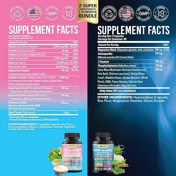 Shining Serenity Set Cortisol Support with Ashwagandha L-Theanine Magnesium Lions Mane GABA Bacopa Monnieri Collagen I II III V X Folate Biotin Keratin Hyaluronic Acid (2 Pack)