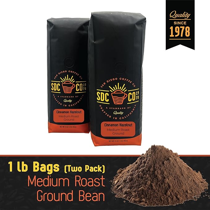 San Diego Coffee Cinnamon Hazelnut Medium Roast Ground Coffee 16-Ounce Bags (Pack of 2) Café molido tostado