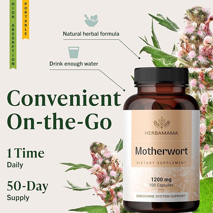 HERBAMAMA Motherwort Capsules – Natural Menopause Supplements* for Women – 1200mg Motherwort Herb Powder per Serving for Women's Mood &amp Calm Support – Vegan Non-GMO – 50-Day Supply