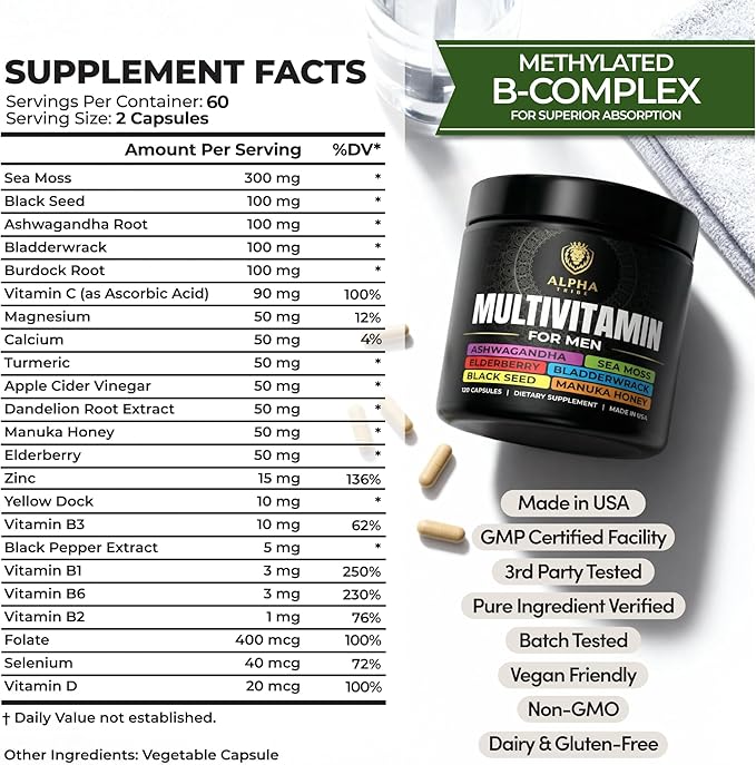 Alpha Tribe Multivitamin for Men with Sea Moss Black Seed Oil Ashwagandha Turmeric Bladderwrack BurdockVitamin C Elderberry Manuka Yellow Dock | Daily Men's Vitamins and Minerals Supplement